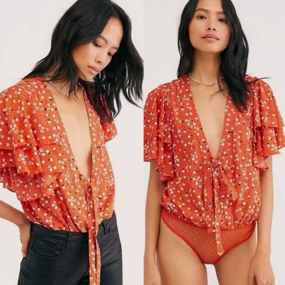 Free People Tops - Free People Call Me Later Floral Ruffle Printed Bodysuit Sz M Color Orange/White